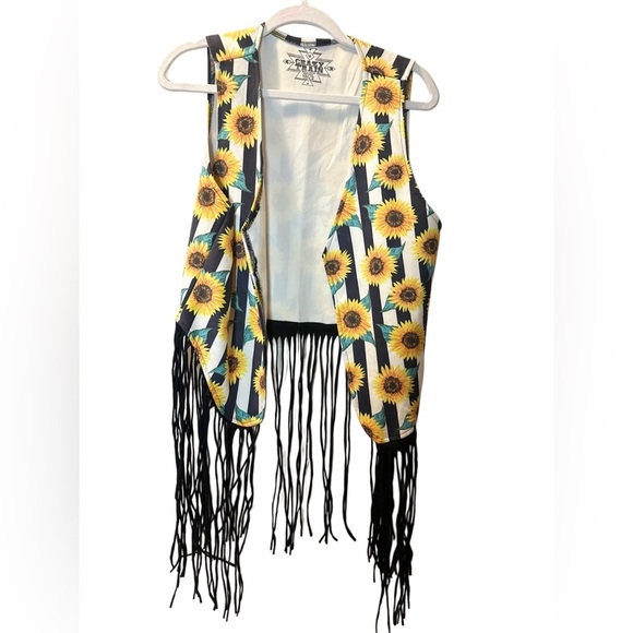 Crazy Train Sunflower Fringe Vest Yellow White Farm Western Women’s size Medium - Picture 5 of 5